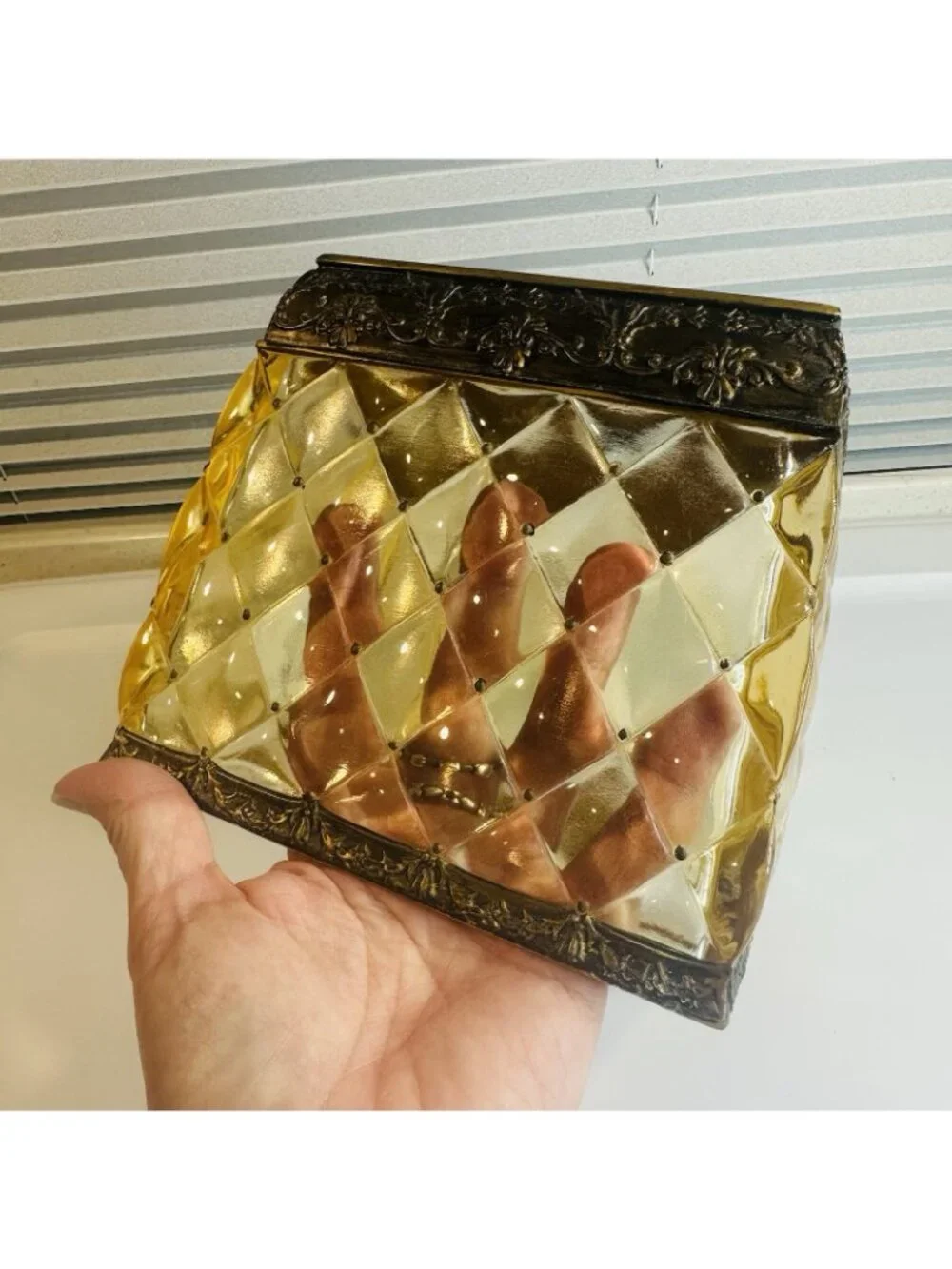 Vintage Amber Heavy Lucite Acrylic Square Tissue Box Holder Gold Ornate Regency